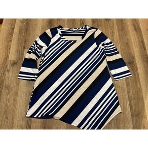 Notations Shirt, Women's Size Large, Blue White, Striped, 3/4 Sleeve